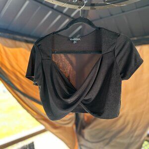 Electrica Black Sheer Drape Front Crop Top with Open Back – Size XL